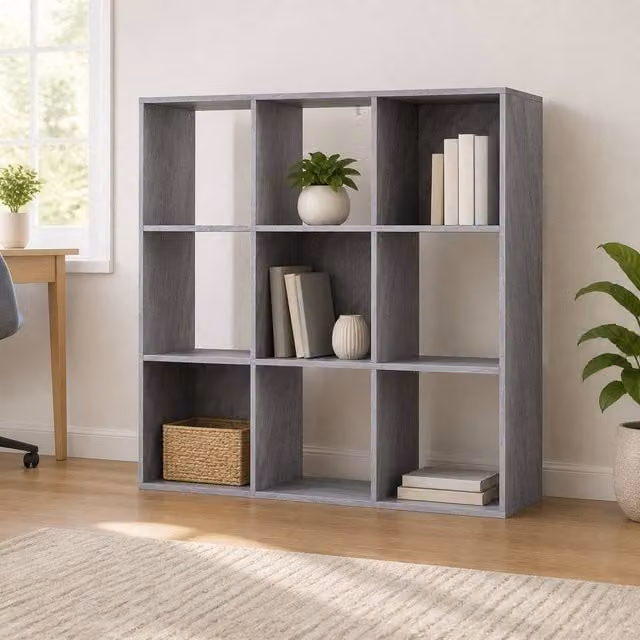 STILVORA Freestanding Storage Shelf with 9 Open Cubes in Matt Grey