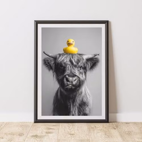 60 Second Makeover Funny Highland Cow Rubber Duck Paper Poster, Black and White, W: 29.7 cm, H: 42.0 cm