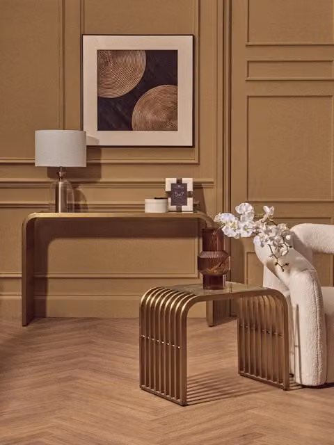 Orsina Vogue Art Deco Slatted Console Table in Matte Gold with Glass Top – 1