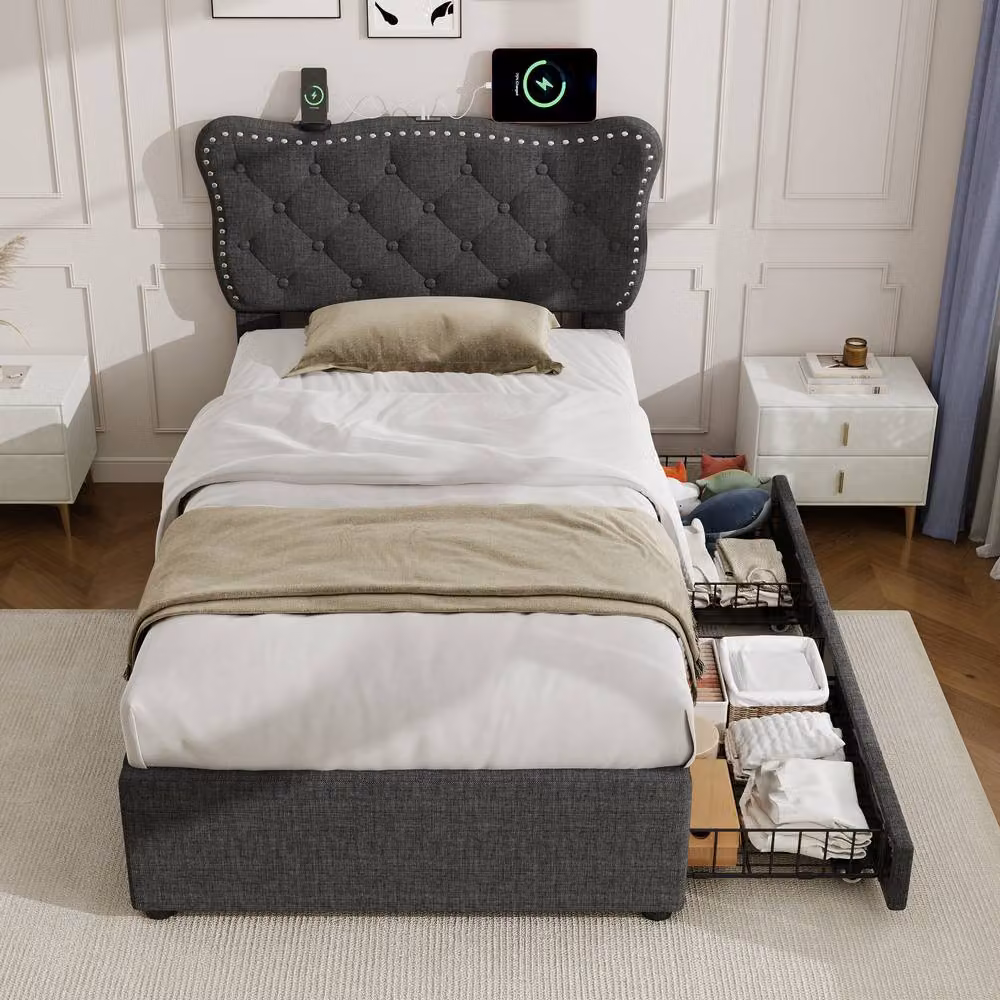 BTM 3ft Single Upholstered Bed Frame with Storage Drawers and USB Charging Port in Dark Grey, W/D/H: 100 x 200 cm – 3