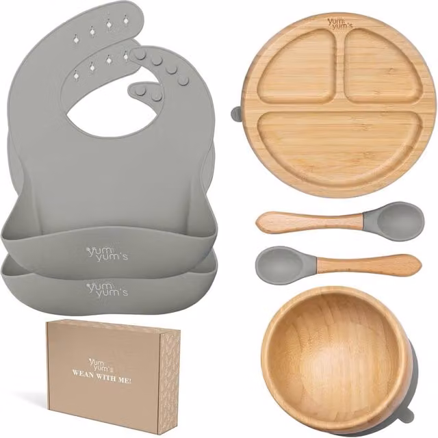 Yum Yums 6-Piece Silicone and Bamboo Baby Weaning Feeding Set in Green and Grey – 1