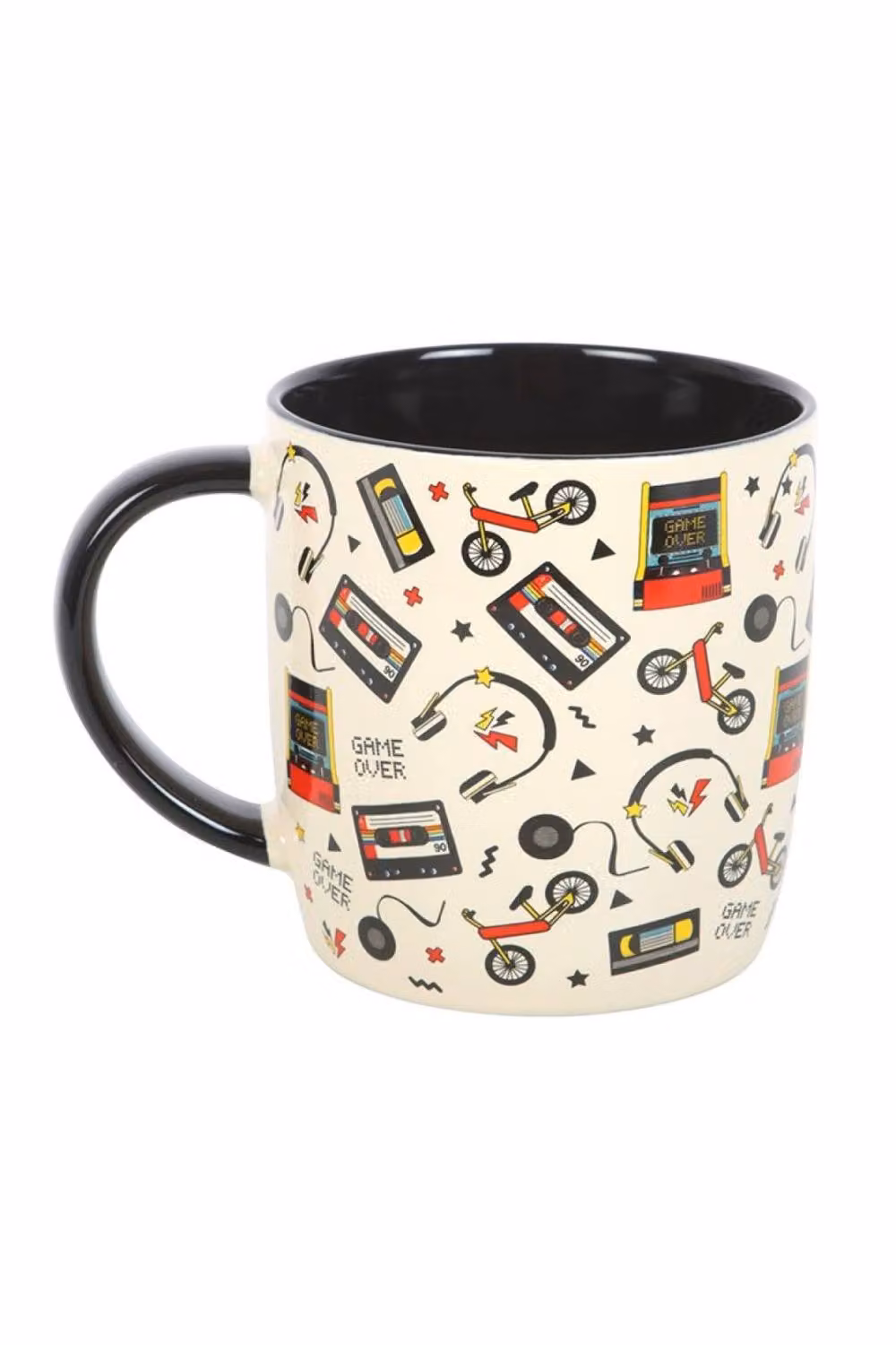 KDMD Retro 80s Print Mug with Nostalgic Cassette, Bike and Gaming Icons, 350ml, White – 2