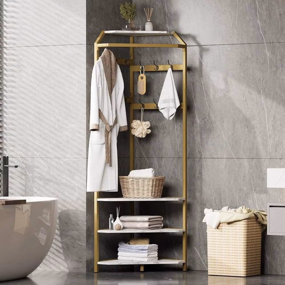 VOGREX Gold Modern Hall Tree with 3-Tier Shoe Rack and Coat Rail – 3