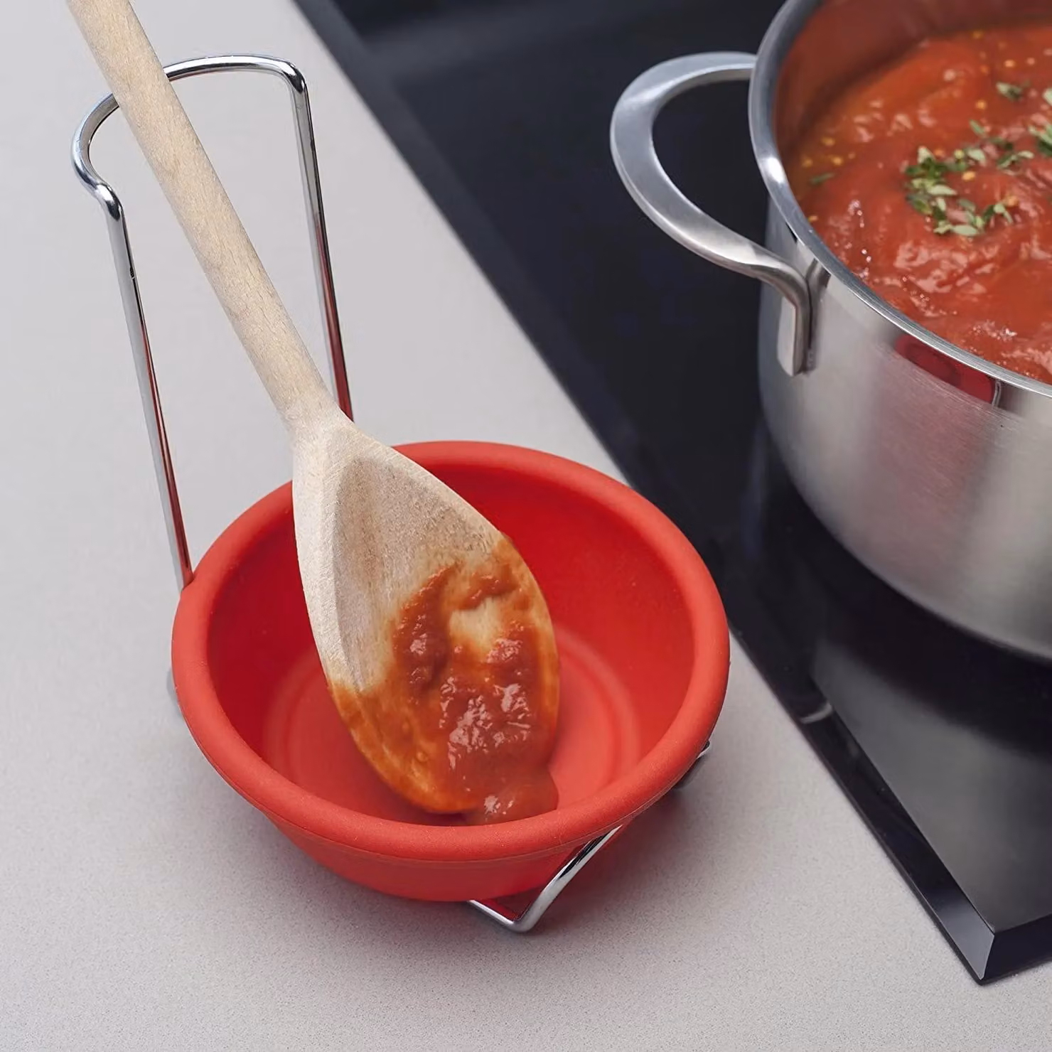 Zeal Red Silicone Spoon Rest and Basting Bowl with Chrome Stand – 4