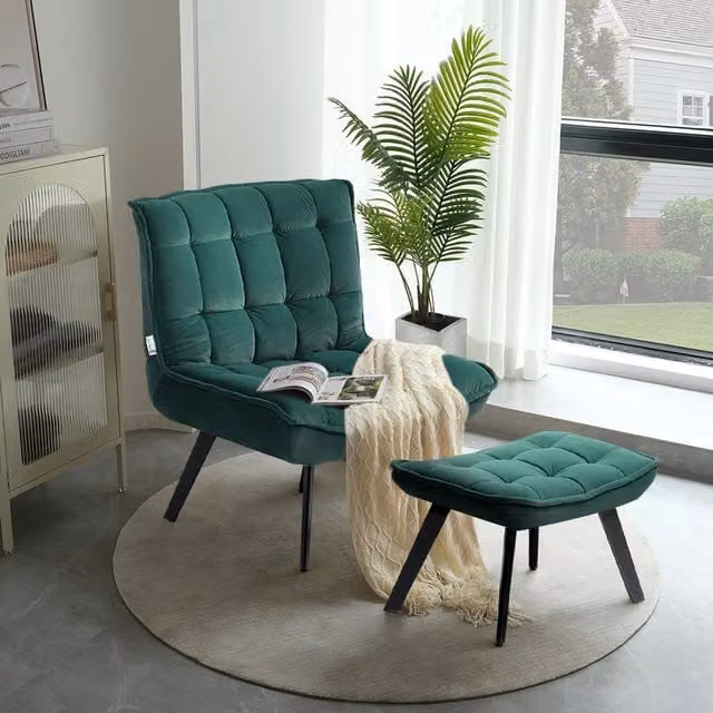 Livingandhome Modern Velvet Accent Chair with Ottoman in Green