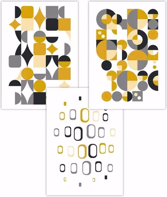 ARTZE Set of 3 Mid Century Geometric Abstract Art Posters in Grey, Yellow and Black, W: 50 cm, H: 70 cm