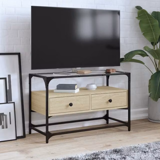 Berkfield Home TV Cabinet in Sonoma Oak and Brown with Glass Top, W/D/H: 80 x 35 x 51 cm – 1