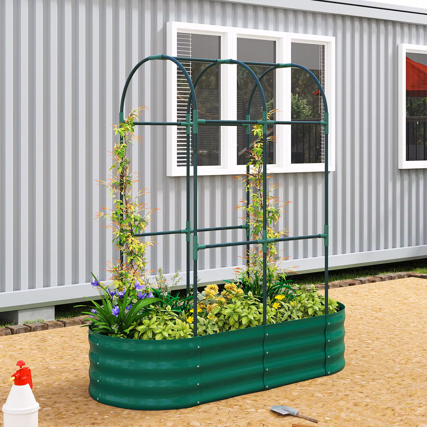 Outsunny Galvanised Steel Raised Garden Bed with Arched Trellis, Green, W: 121.92 cm, D: 60.96 cm, H: 140.2 cm – 2