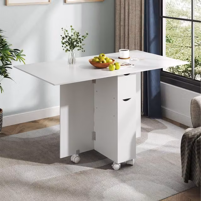 Komore White Modern Rectangular Folding Dining Table with Drop Leaf and Castors