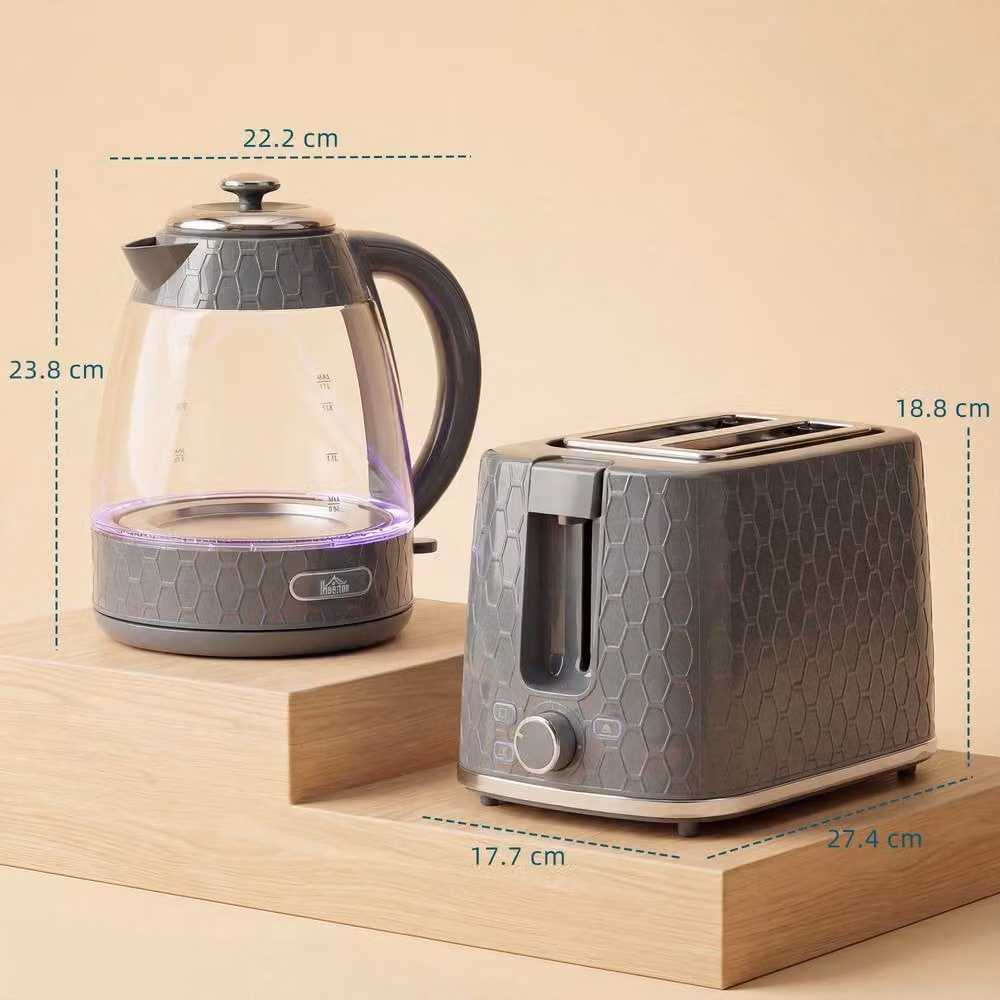 HOMCOM Grey Kettle and Toaster Set with Limescale Filter and Crumb Tray – 3