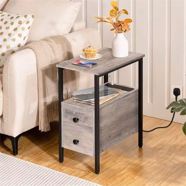 FORGEVIO Grey Bedside Table and End Table with Media Compartments