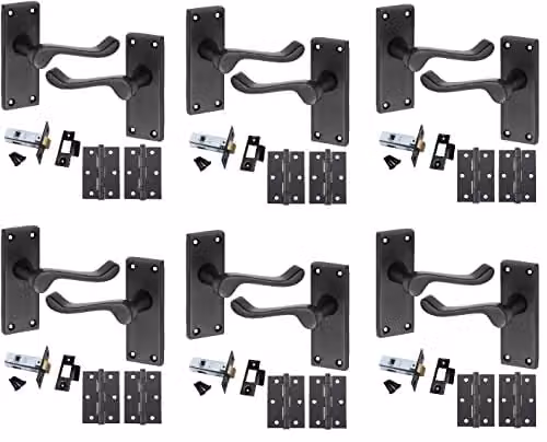 Golden Grace Victorian Scroll Door Handle Latch Set in Matt Black, 6 Sets – 1