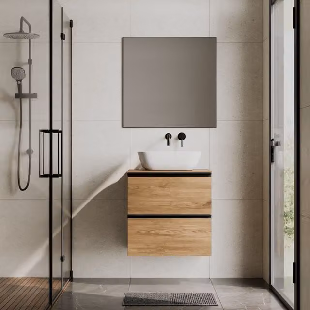 Banyetti Akiro 600mm Wall Hung Vanity Unit with Matching Worktop in Walnut