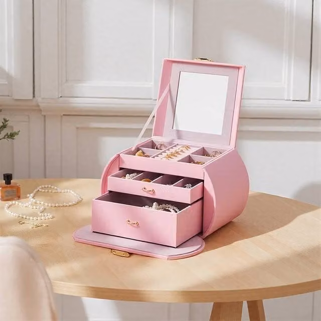 EONLION 3 Layer Jewellery Organizer and Necklace Storage Box in Pink PU Leather, Width: 50 cm – 1
