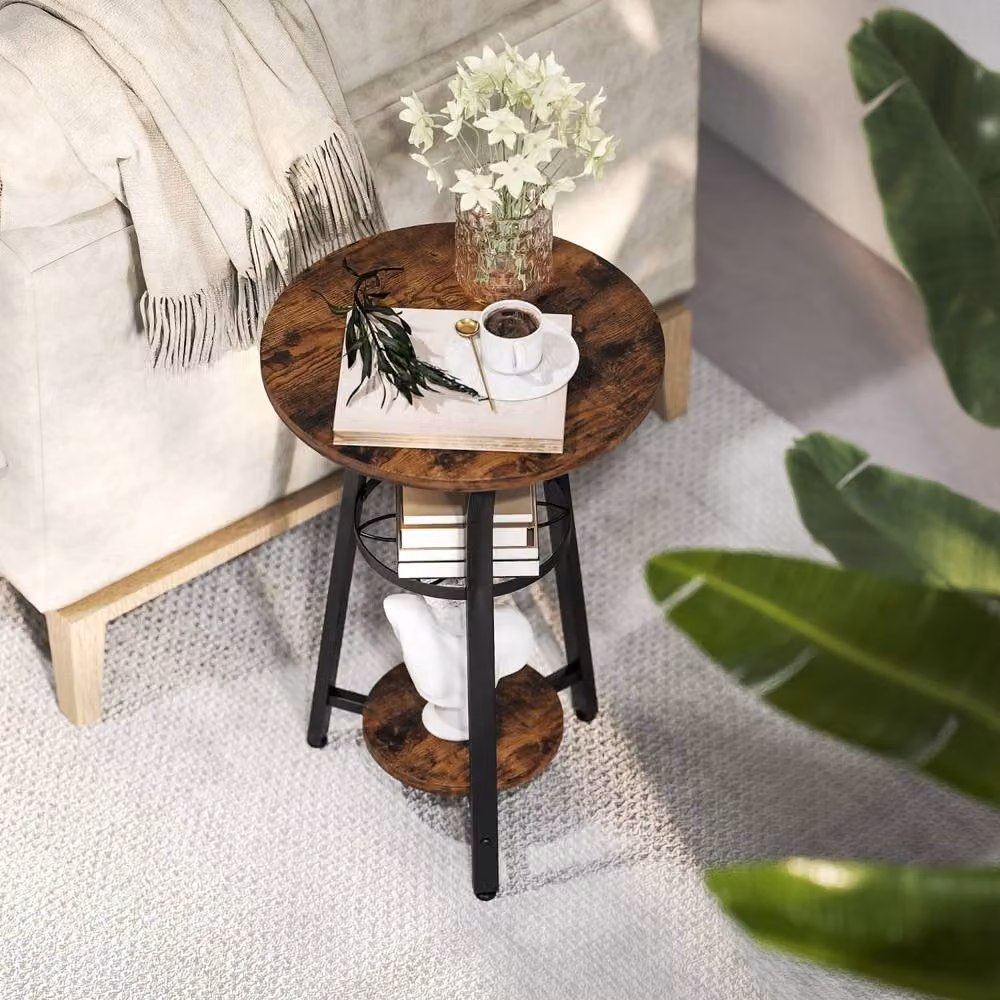 Wyld Haus Neri Round Side Table with 3 Tier Floral Shelf in Rustic Brown – 4