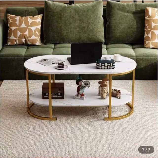 KORVIXA Modern Oval Coffee Table with White Glossy Faux Marble Top, W/D/H: 100 x 100 x 45 cm