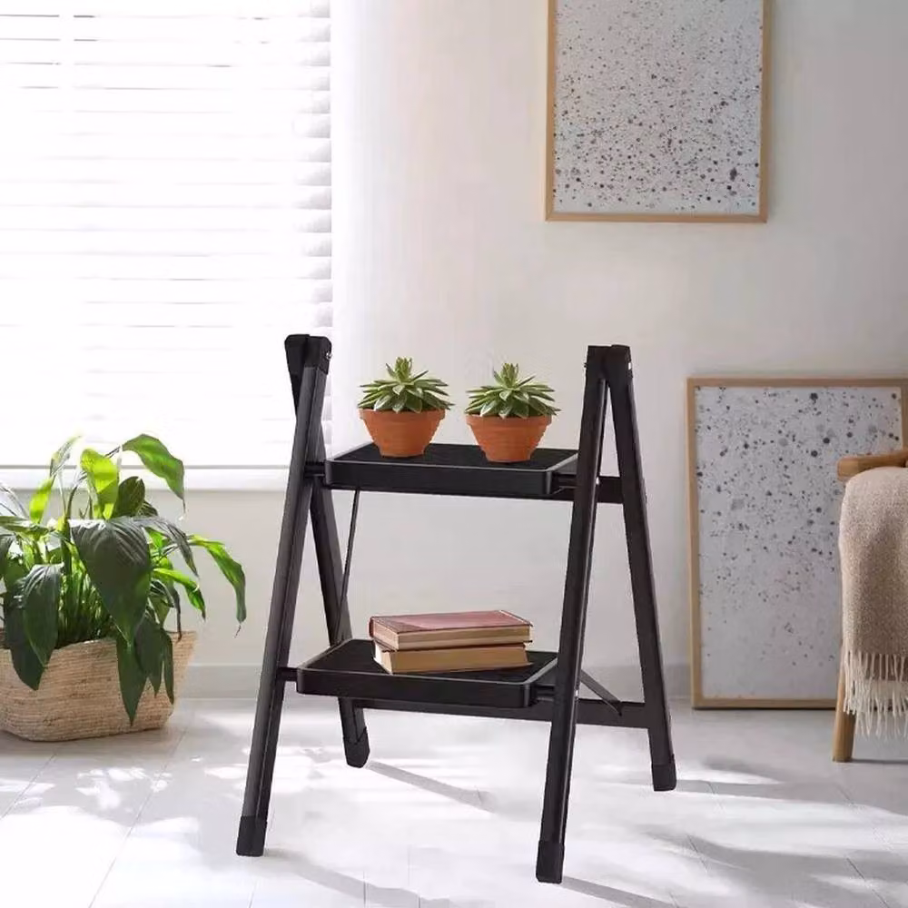 FLAVORA Black 2 Step Steel Foldable Ladder Stool with Rubber Feet, W: 40 cm, H: 100 cm, D: 40 cm – 2
