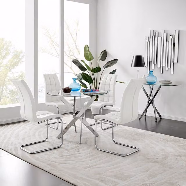 FurnitureboxUK Novara 100cm Round Glass Dining Table and 4 Murano Dining Chairs in White and Transparent – 1