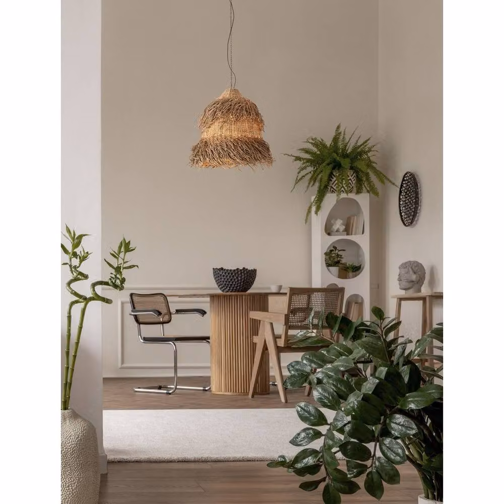 Netlighting Natu 55cm Dome Pendant Ceiling Light in Black and Natural Rattan with E27 Socket – 2
