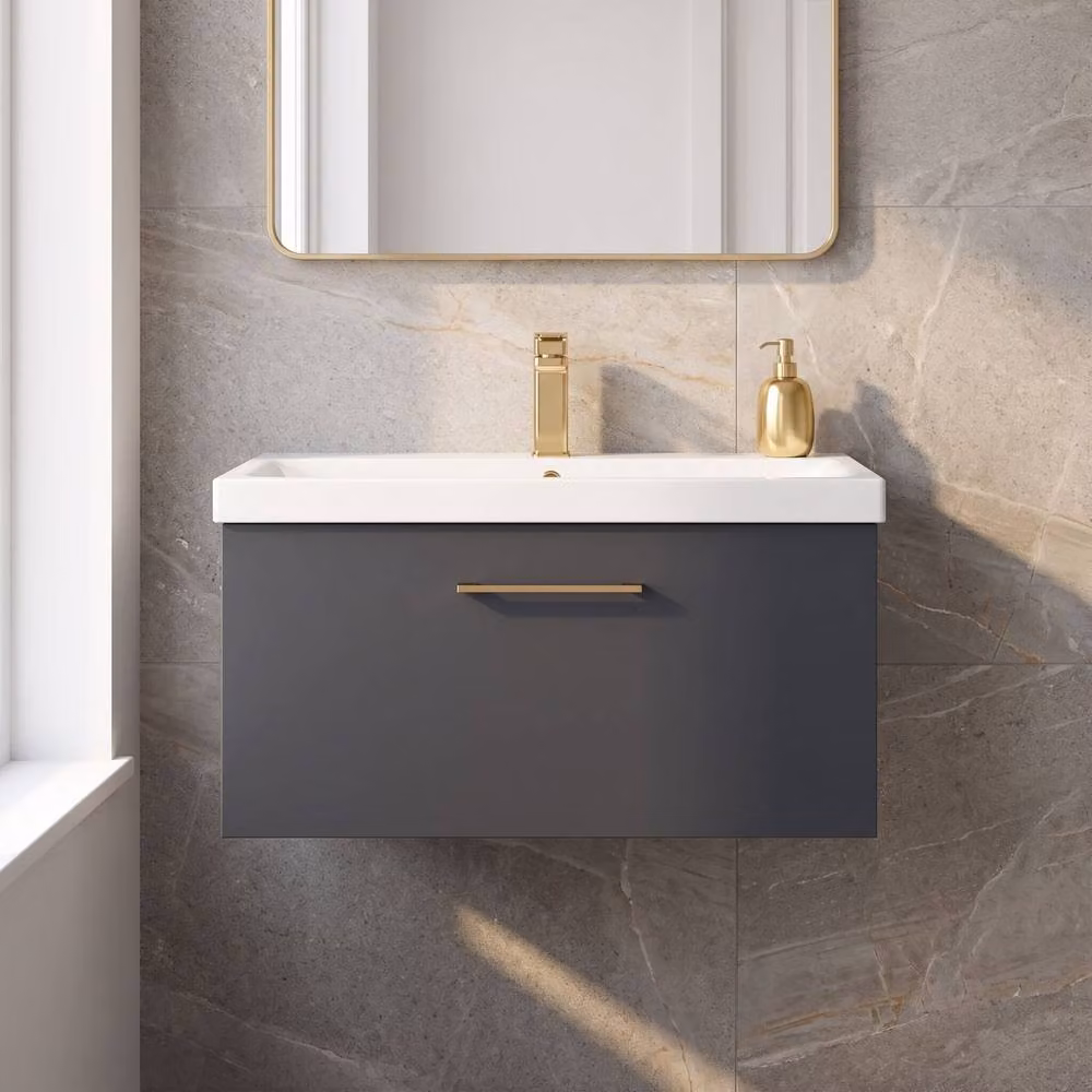 Balterley Wall Mounted Single Drawer Bathroom Vanity Unit with Basin, Dark Grey and Bronze Handle, W/D/H: 81.0 x 39.0 x 39.9 cm – 6