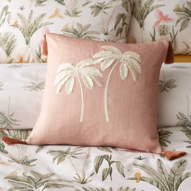 Catherine Lansfield Paradiso Palm Embroidered Square Filled Cushion, Clay and Pink, 45 x 45 cm – 1