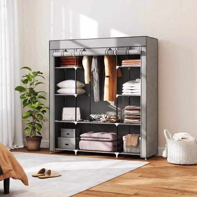 FORGEVIO Portable Fabric Wardrobe with 10 Shelves and Hanging Rod in Grey, H: 162.5 cm x W: 150.0 cm