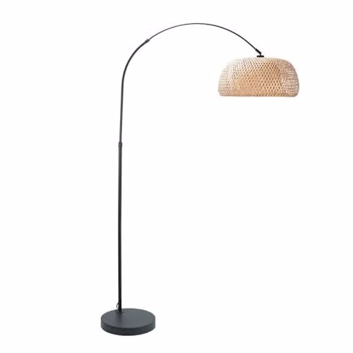 ValueLights Black Metal Arched Floor Lamp with Natural Bamboo Shade and LED Bulb – 1