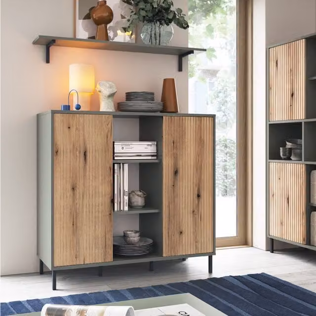 Furniture To Go Darwin Modern Oak Wood and Metal Storage Sideboard in Green and Grey