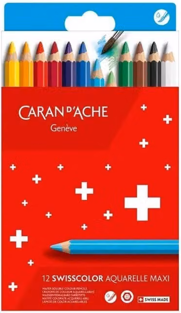 Caran d'Ache Swisscolor Maxi Water-Soluble Colour Pencils, 12 Assorted Colours, Chunky Hexagonal Wood Set