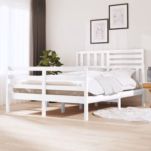 Berkfield Home White Solid Pine Wood Bed Frame W: 140 cm, L: 200 cm