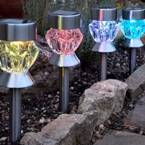 mysmartbuy 4 x Solar Powered Crystal Glass Colour-Changing LED Garden Stake Lights in Silver, H34 x 7.5 cm Diameter – 1