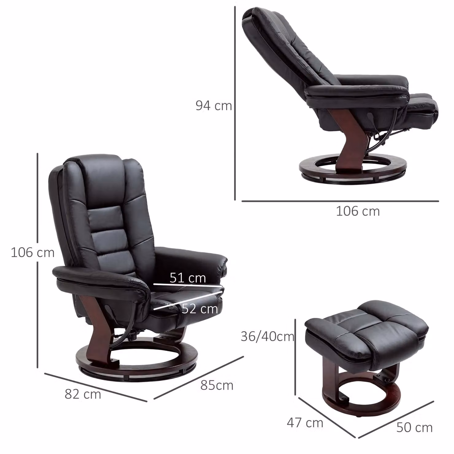 HOMCOM Swivel Manual Recliner and Ottoman Set in Black Synthetic Leather – 3
