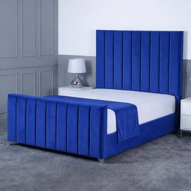 Living Comfort Bedz Empress Plush Velvet Upholstered Bed with Slatted Base and 48 Inch Headboard in Blue, Super King