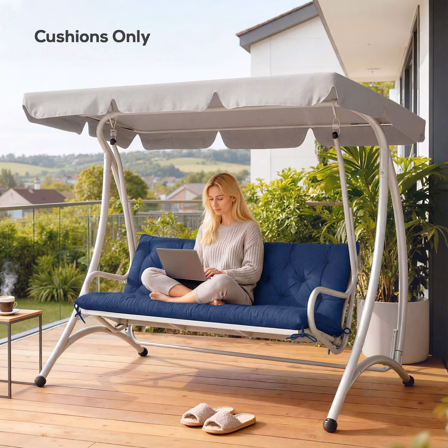 Outsunny 3 Seater Bench Cushion with Back and Ties, Dark Blue, W: 150 cm x D: 98 cm – 8