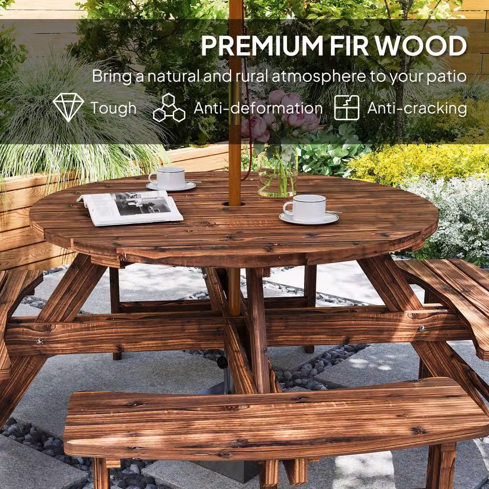 OUTSUNNY Rustic Treated Hardwood Garden Dining Set with Round Table and Benches in Dark Brown – 5