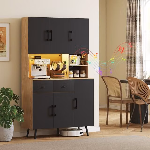 HOMCOM Modern Tall Kitchen Cupboard with LED Lighting and Adjustable Shelves in Black Matt