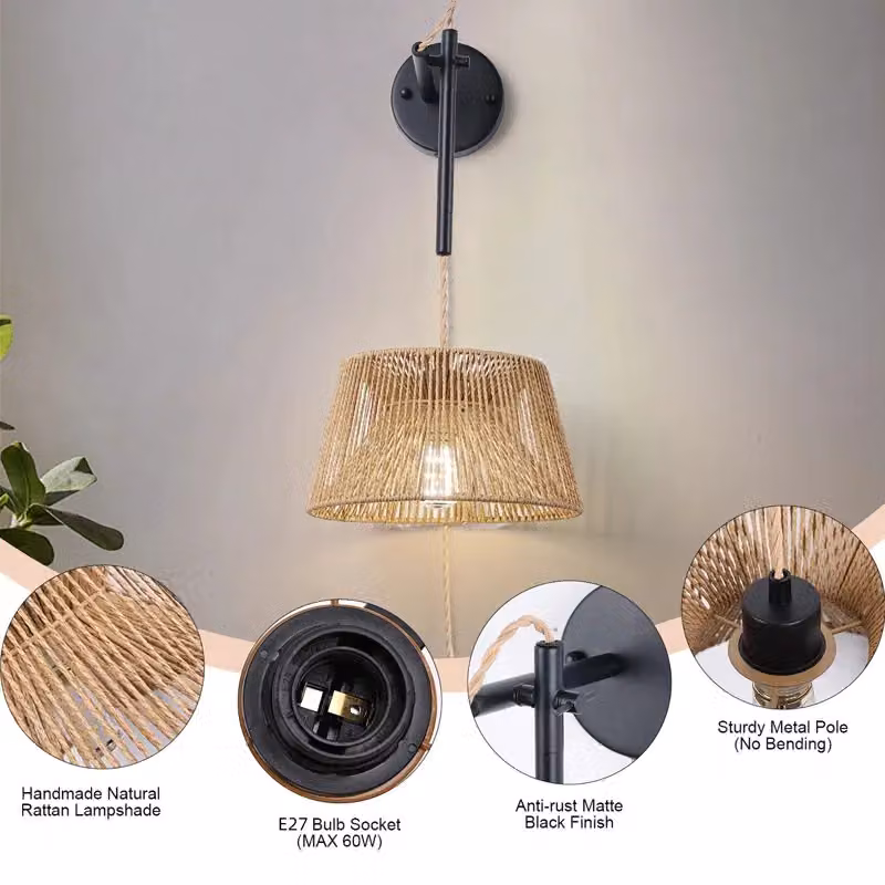 Garwarm Brown Rattan Adjustable Plug-in Swing Arm Wall Sconce – 3
