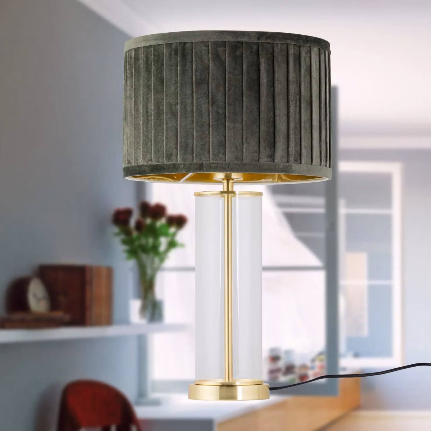 First Choice Lighting Aura Set of 2 Table Lamps with Green Fabric Shades and Satin Brass Finishes – 5