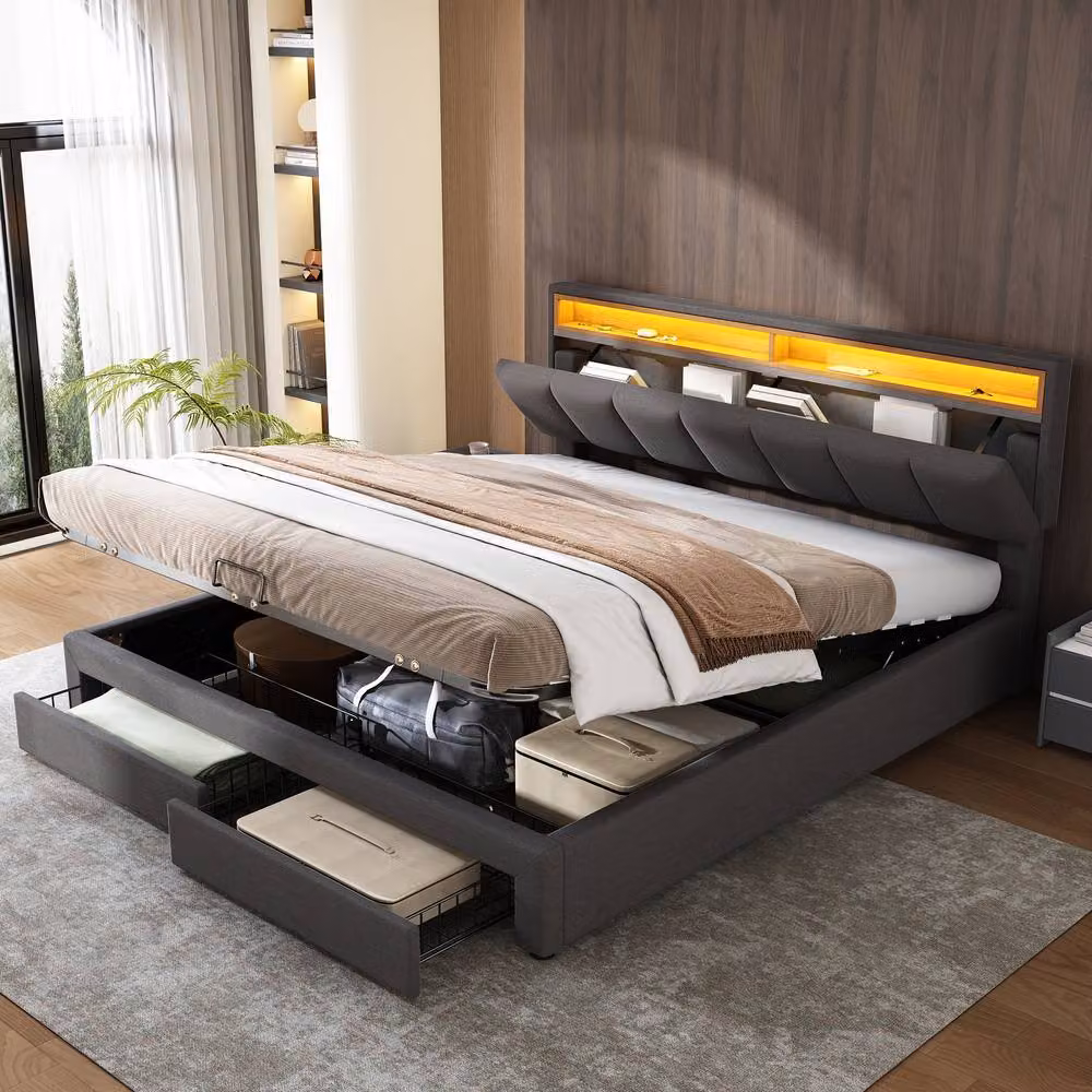 Matteo Super King Upholstered Bed with LED Lighting and Lift Up Base in Grey Linen, W/D/H: 180 x 200 x 102 cm – 3