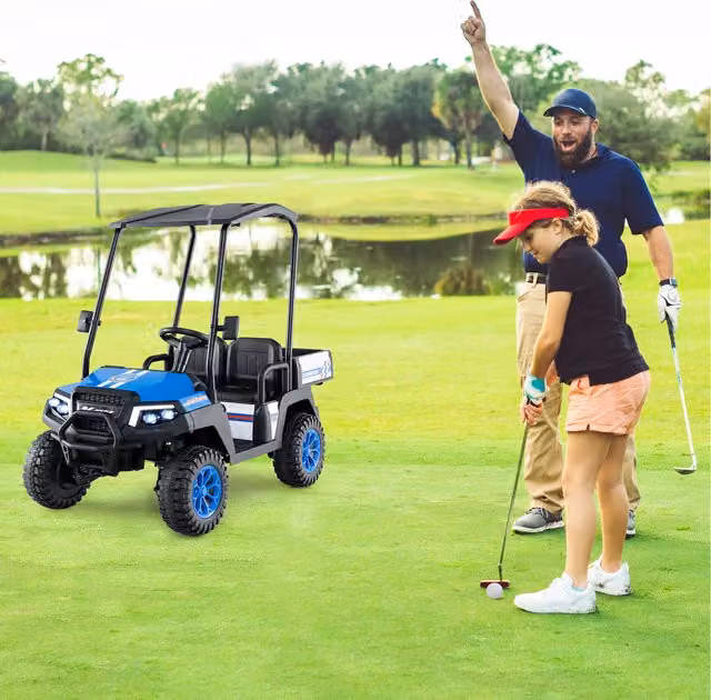 Costway Blue 2 Seater Electric Kids Ride On Golf Cart with Canopy and Rechargeable Battery