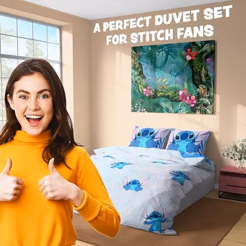 Disney Stitch Blue and Multicolour Duvet Cover and Pillowcase Set for Kids and Teens, W/D/H: 140 x 200 cm and 50 x 75 cm – 3