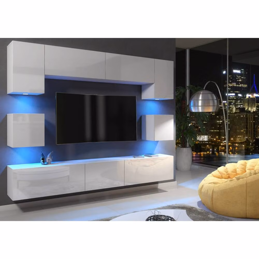 Mex Furniture LTD Panorama Wall Mounted TV Unit in White with Glossy Hinged Doors and Integrated LED Lighting (W: 242 cm, H: 35 cm, D: 40 cm) – 2