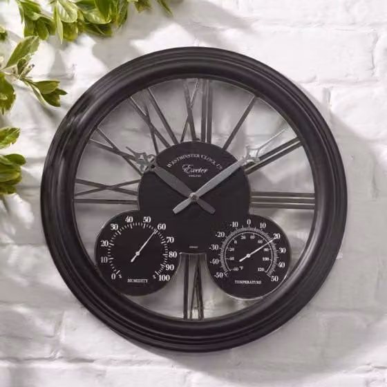 Marco Paul Westminster Analog Clock with Thermometer and Barometer in Black and Bronze, Diameter: 40 cm – 1