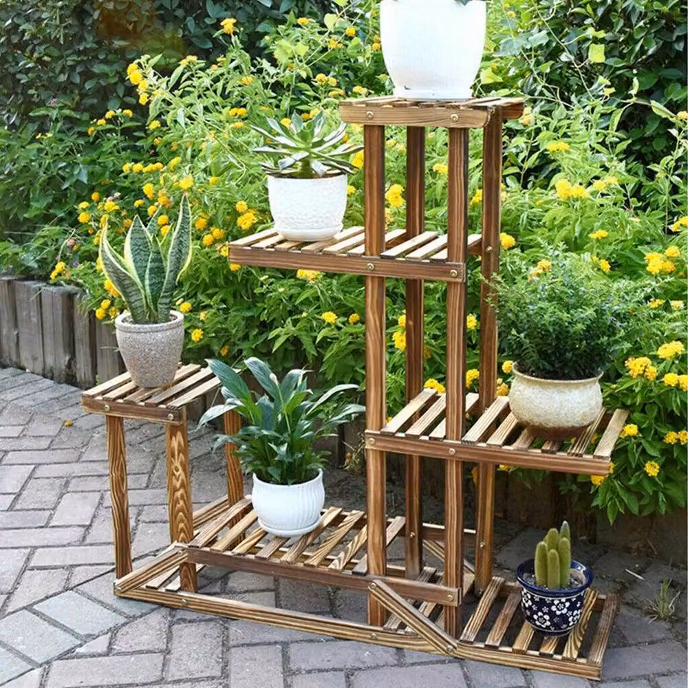FLAVORA 6 Tier Wood Plant Stand in Brown, Pine Wood Flower Rack W/D/H: 96 x 25 x 25 cm – 3