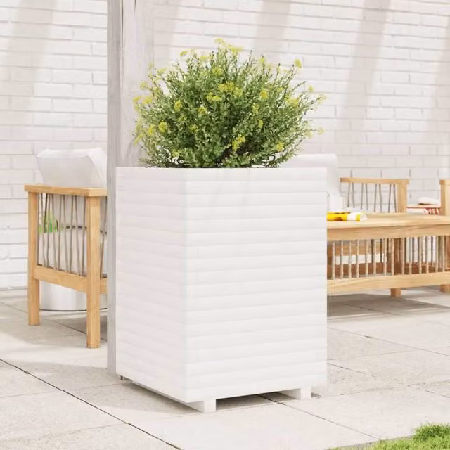 Berkfield Home Beautiful Garden Column Planter in White Solid Wood Pine, W/D/H: 50 x 50 x 72 cm