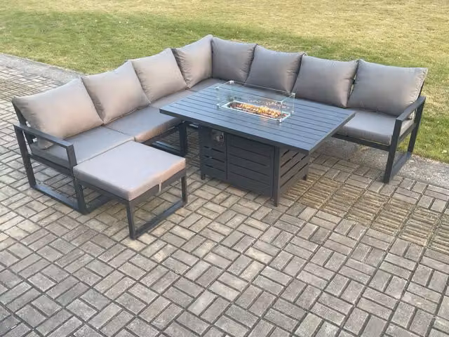 Fimous 7 Piece Grey Aluminium Garden Corner Sofa Set with Gas Fire Pit Dining Table and Footstool