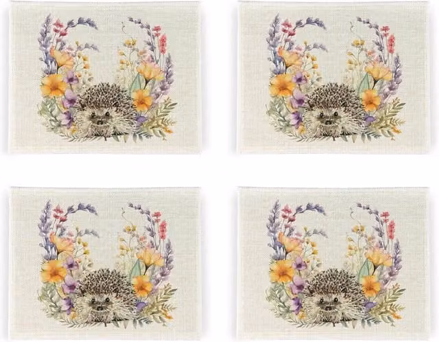 Purely Home Floral Hedgehog Linen Placemats, Set of 4, White and Multicolour