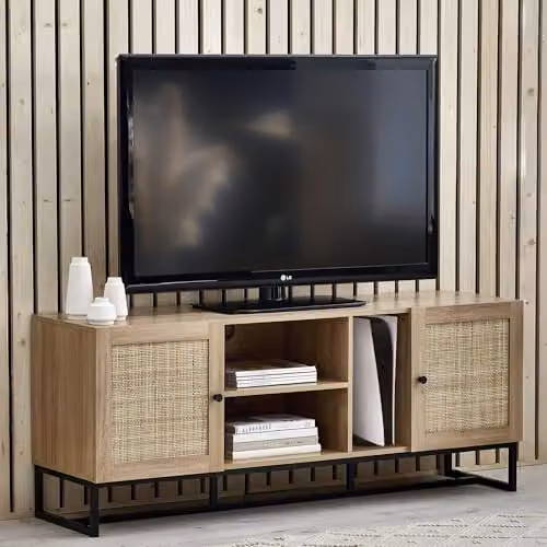 Julian Bowen Padstow Retro Rattan and Oak 2 Door TV Cabinet, Oak – 1
