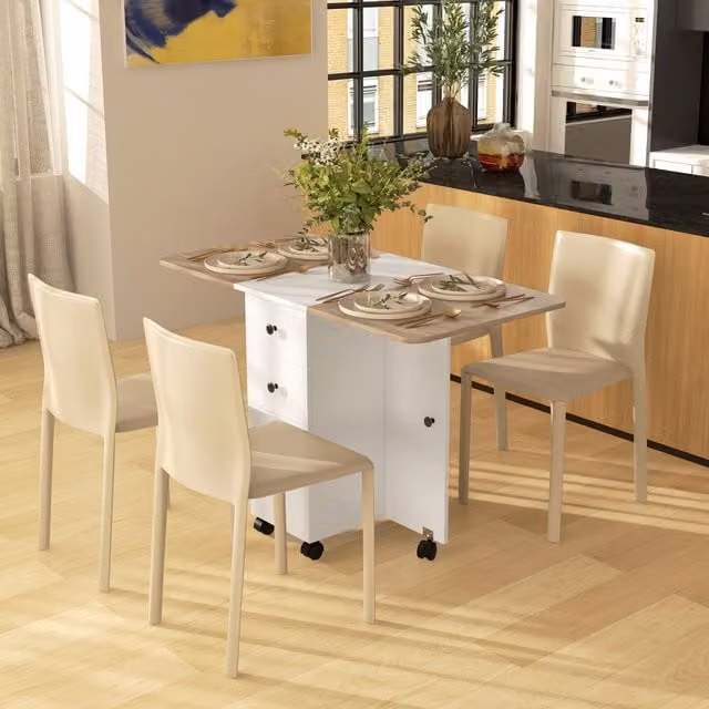 HOMCOM Modern Folding Drop Leaf Dining Table with Drawers in Light Oak and White