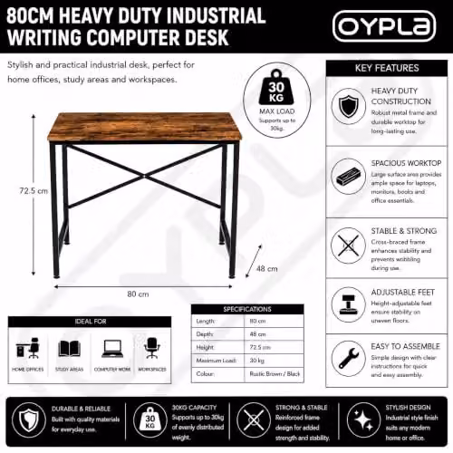 Oypla Industrial Heavy Duty Computer Desk in Brown and Black, W: 80 cm, D: 48 cm, H: 72.5 cm – 4